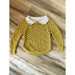Toddler Handmade Crochet Knit Yellow Sweater Ivory Collar Beautiful Unique Cozy